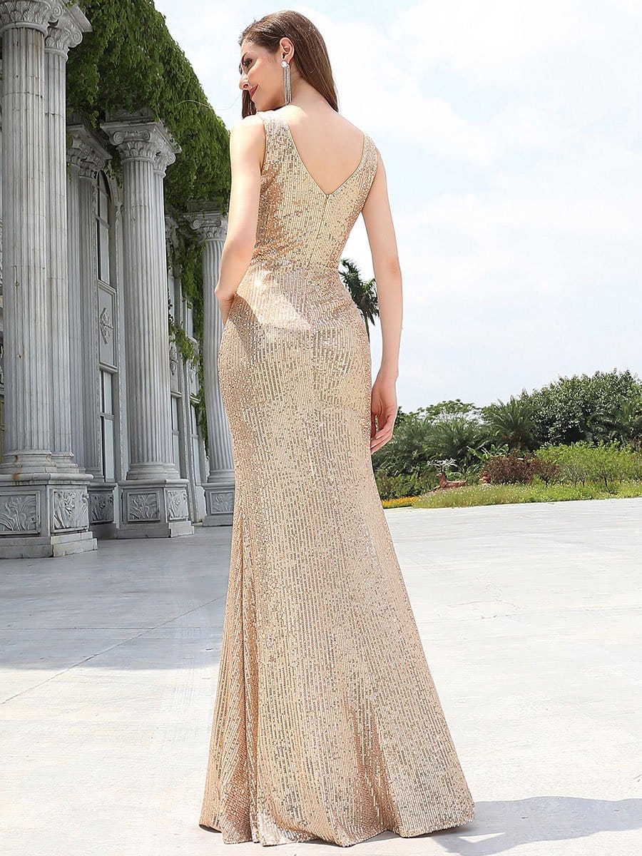 Color=Rose Gold | Sexy Floor Length Sleeves V-Neck Mermaid Evening Dresses-Rose Gold 2