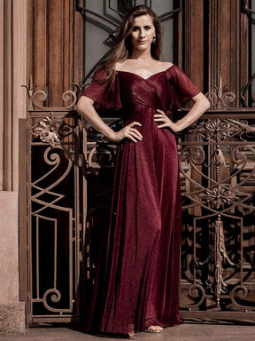 Color=Burgundy | Modest V-Neck Evening Dresses With Short Ruffles Sleeves-Burgundy 2