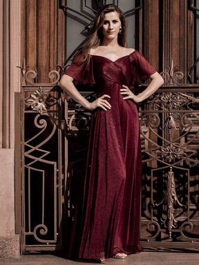 Color=Burgundy | Modest V-Neck Evening Dresses With Short Ruffles Sleeves-Burgundy 7