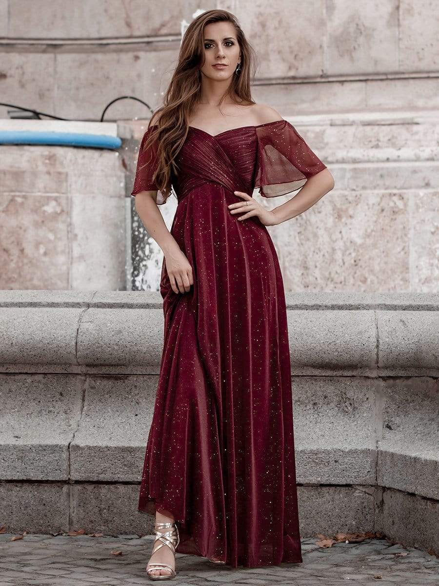 Color=Burgundy | Modest V-Neck Evening Dresses With Short Ruffles Sleeves-Burgundy 1