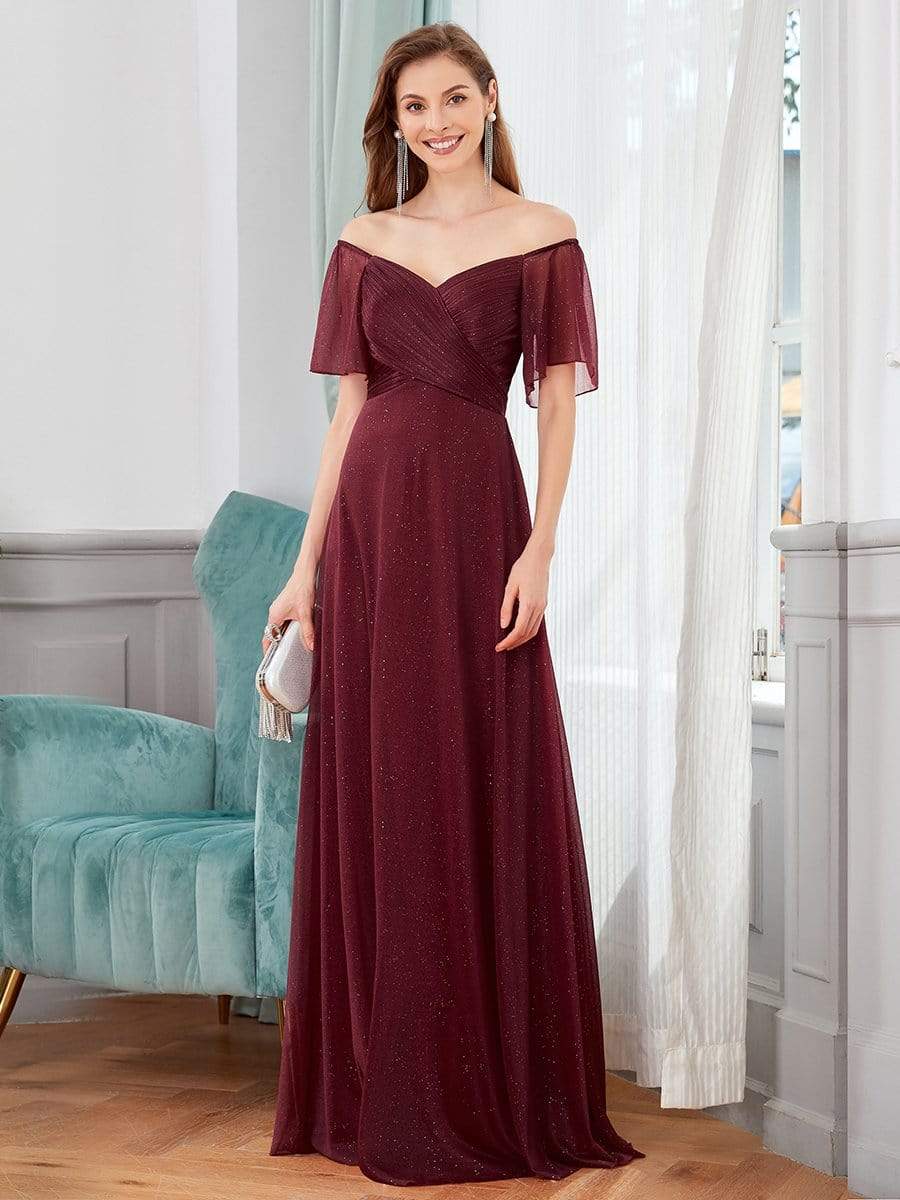 Color=Burgundy | Modest V-Neck Evening Dresses With Short Ruffles Sleeves-Burgundy 3