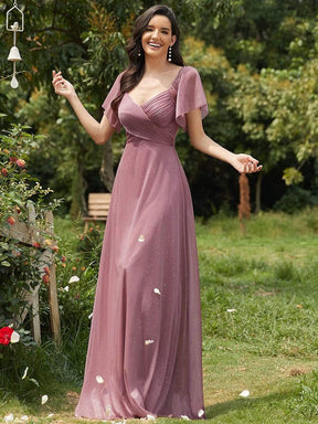 Color=Orchid | Modest V-Neck Evening Dresses With Short Ruffles Sleeves-Orchid 1