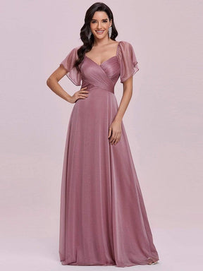 Color=Orchid | Modest V-Neck Evening Dresses With Short Ruffles Sleeves-Orchid 5