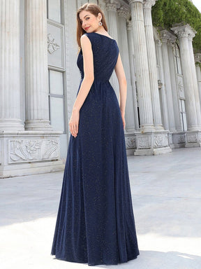 Color=Navy Blue | Simple V Neck Sleeveless Maxi Evening Dress With Pleated Design-Navy Blue 2