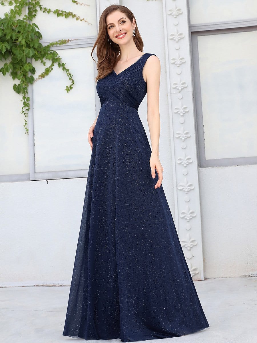 Shiny Evening Dress | Navy Blue Pleated V Neck Sleeveless A-Line