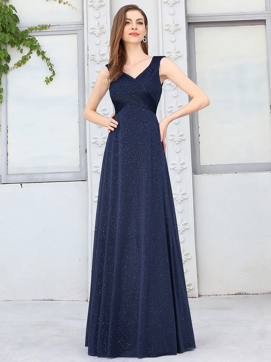 Color=Navy Blue | Simple V Neck Sleeveless Maxi Evening Dress With Pleated Design-Navy Blue 1