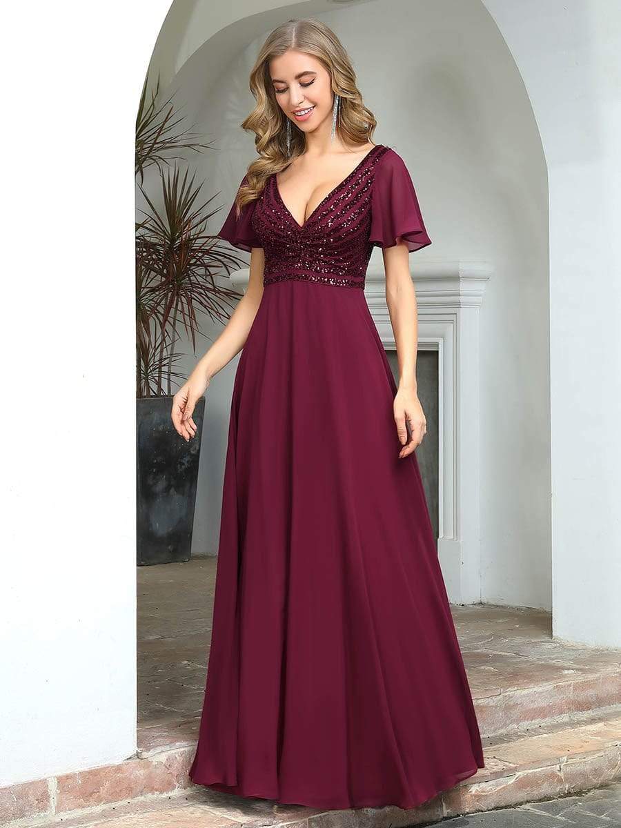 Color=Burgundy | Fashion Chiffon Deep V-Neck Short Ruffles Sleeves Prom Dress-Burgundy 3