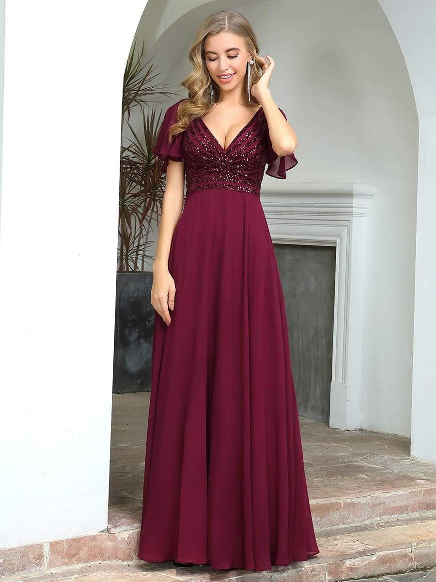 Color=Burgundy | Fashion Chiffon Deep V-Neck Short Ruffles Sleeves Prom Dress-Burgundy 4