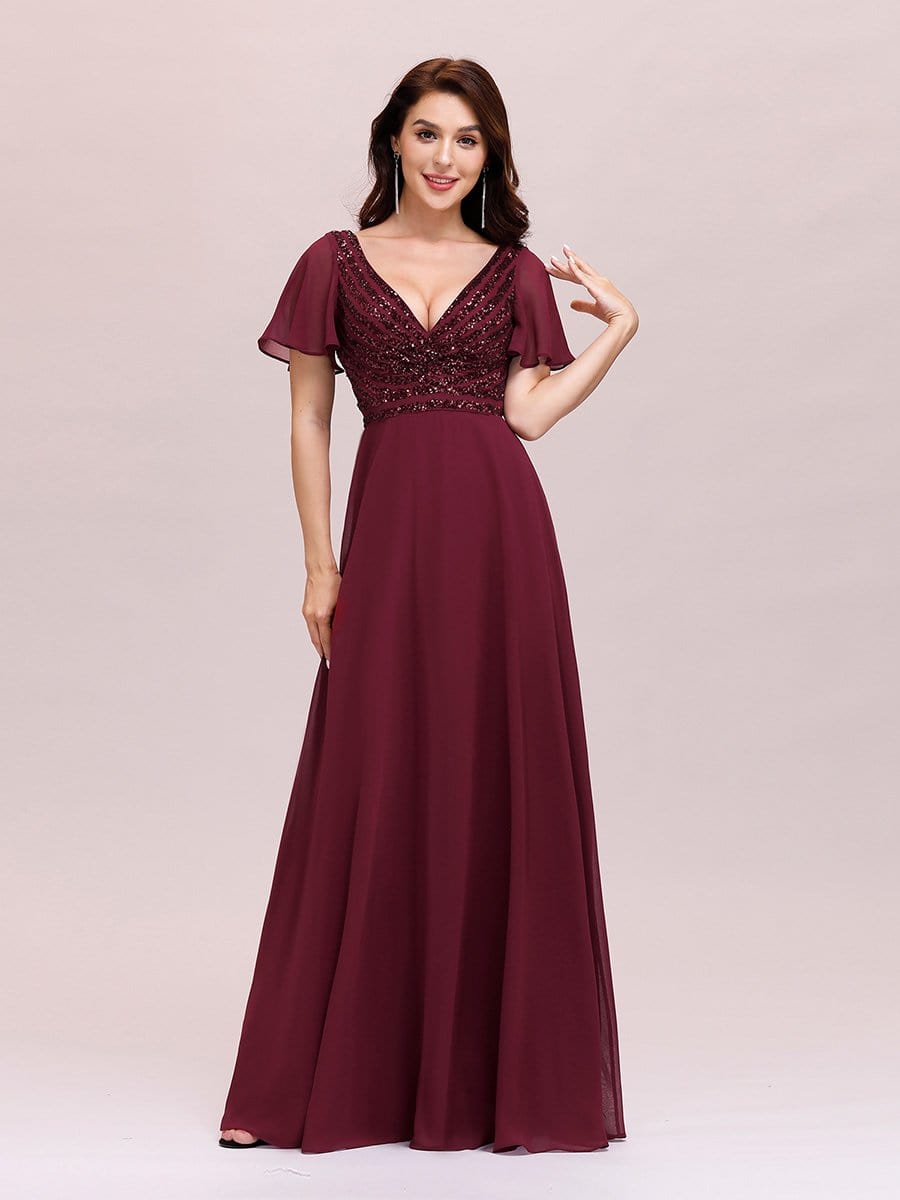 Color=Burgundy | Fashion Chiffon Deep V-Neck Short Ruffles Sleeves Prom Dress-Burgundy 1