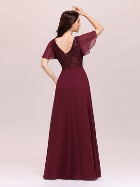 Color=Burgundy | Fashion Chiffon Deep V-Neck Short Ruffles Sleeves Prom Dress-Burgundy 2