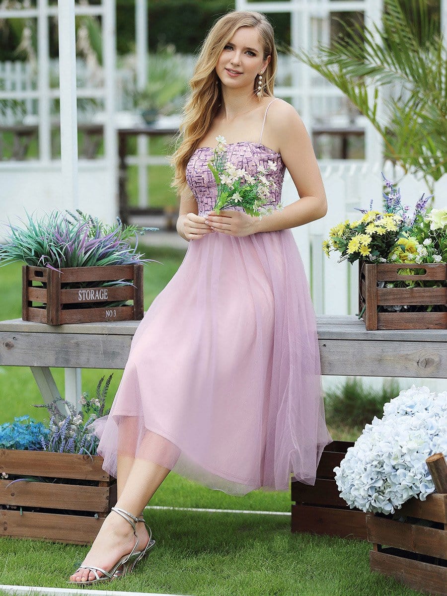 Color=Mauve | Stylish A-Line Tulle Bridesmaid Dress For Prom With Spaghetti Straps-Mauve 4