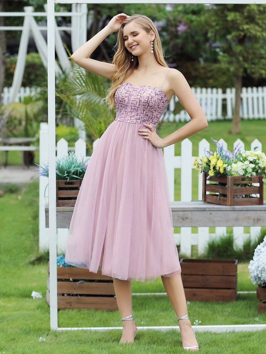 Color=Mauve | Stylish A-Line Tulle Bridesmaid Dress For Prom With Spaghetti Straps-Mauve 1
