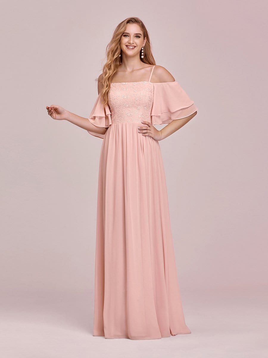Color=Pink | Sweet Off Shoulders Chiffon Bridesmaid Dresses With Lace Decoration-Pink 1