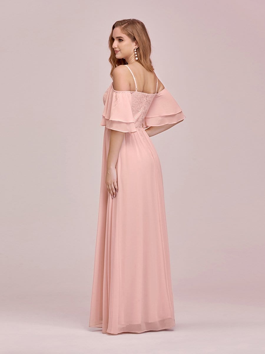 Color=Pink | Sweet Off Shoulders Chiffon Bridesmaid Dresses With Lace Decoration-Pink 2