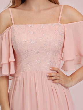 Color=Pink | Sweet Off Shoulders Chiffon Bridesmaid Dresses With Lace Decoration-Pink 3