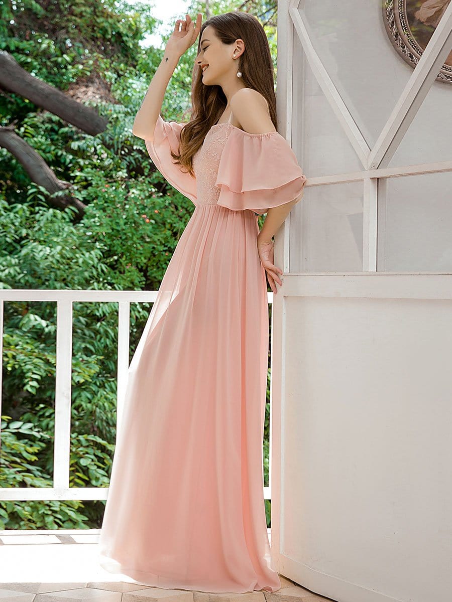 Color=Pink | Sweet Off Shoulders Chiffon Bridesmaid Dresses With Lace Decoration-Pink 5