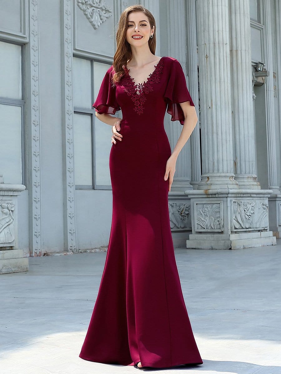 Color=Burgundy | Elegant Floor Length Deep V-Neck Mermaid Evening Dresses-Burgundy 1