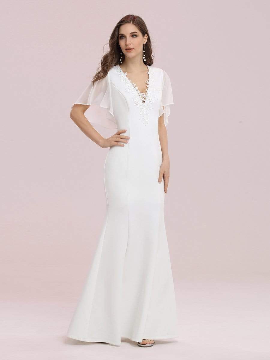 Color=Cream | Elegant Floor Length Deep V-Neck Mermaid Evening Dresses-Cream 2