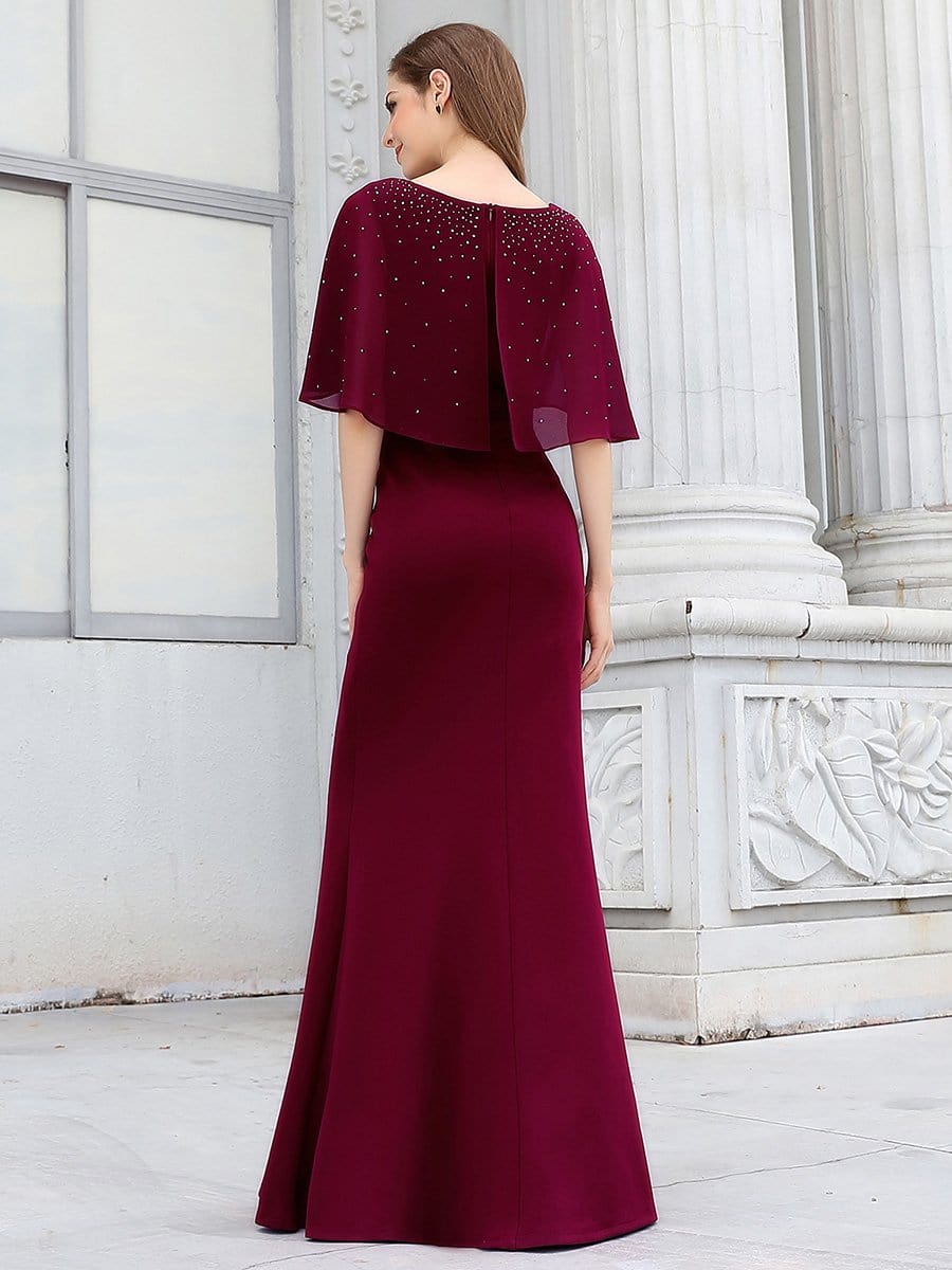 Color=Burgundy | Flattering Round Neckline Fishtail Evening Dresses With Drill Decoration-Burgundy 2