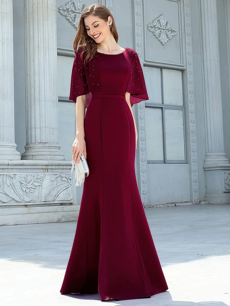 Color=Burgundy | Flattering Round Neckline Fishtail Evening Dresses With Drill Decoration-Burgundy 3