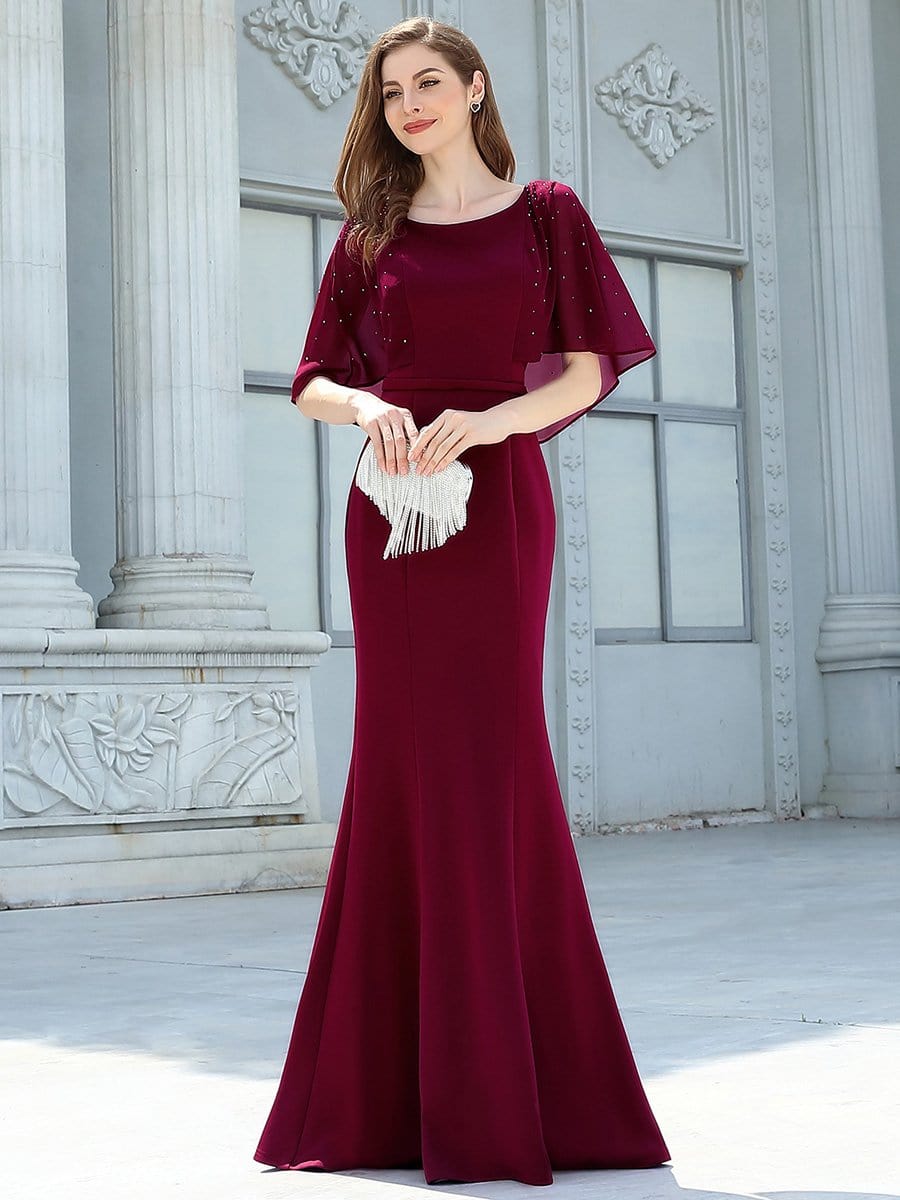 Color=Burgundy | Flattering Round Neckline Fishtail Evening Dresses With Drill Decoration-Burgundy 4