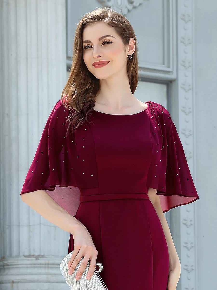 Color=Burgundy | Flattering Round Neckline Fishtail Evening Dresses With Drill Decoration-Burgundy 5