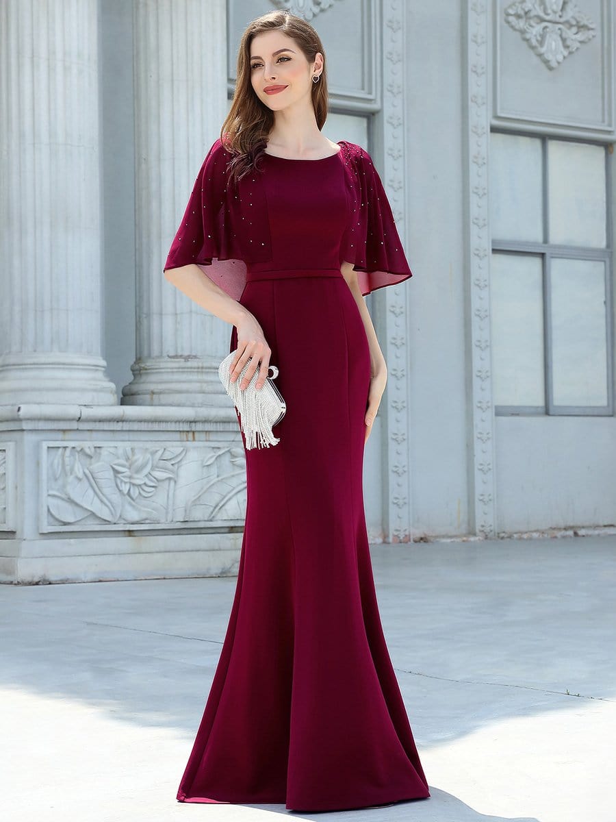 Color=Burgundy | Flattering Round Neckline Fishtail Evening Dresses With Drill Decoration-Burgundy 1