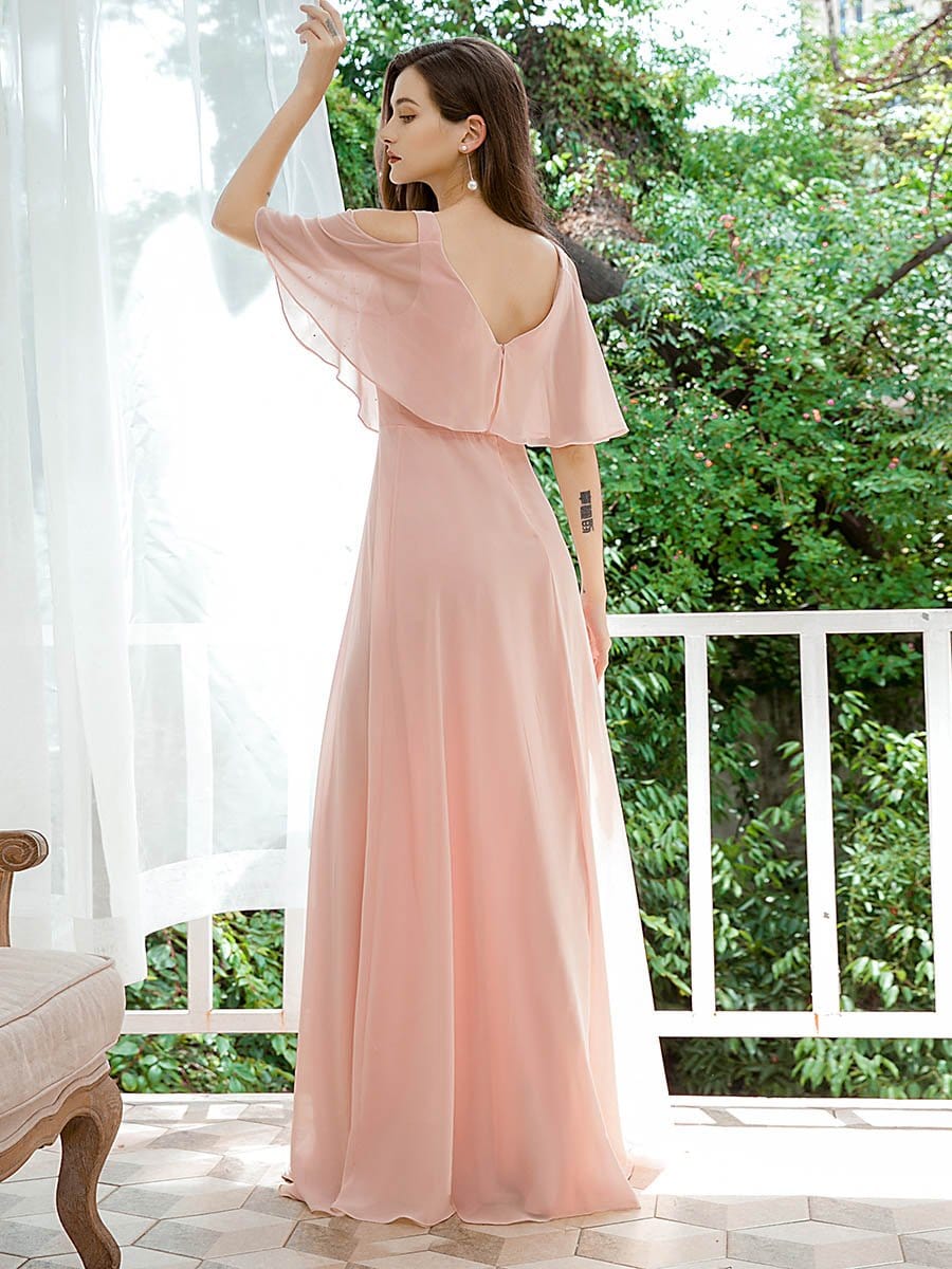 Color=Pink | Dainty Short Ruffles Sleeves V-Neck Chiffon Evening Dresses-Pink 2