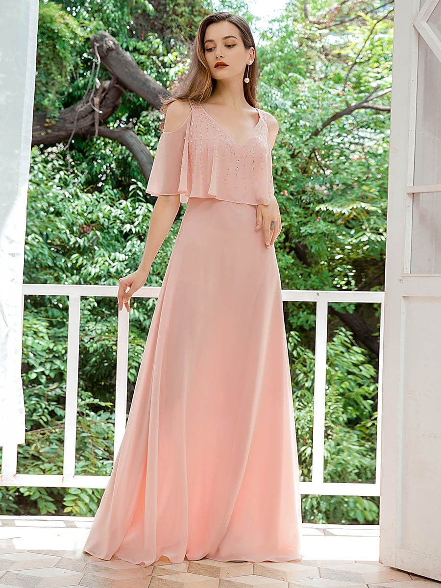 Color=Pink | Dainty Short Ruffles Sleeves V-Neck Chiffon Evening Dresses-Pink 3