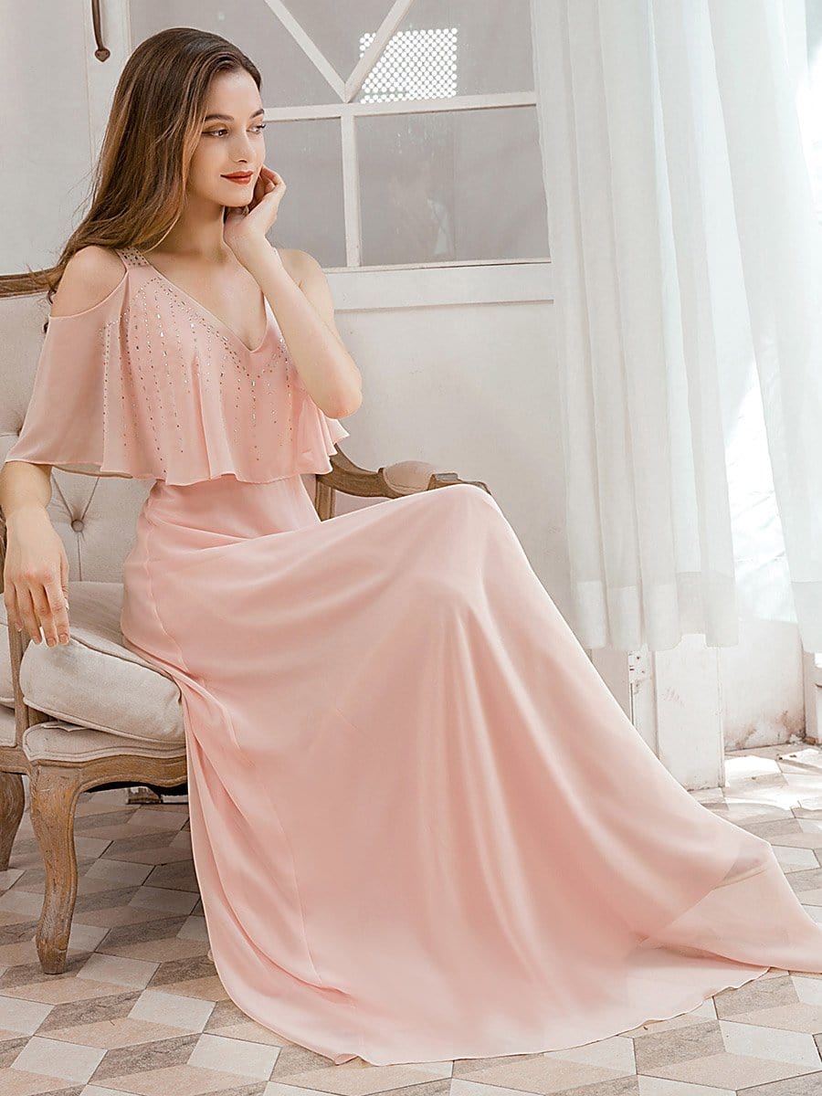 Color=Pink | Dainty Short Ruffles Sleeves V-Neck Chiffon Evening Dresses-Pink 4
