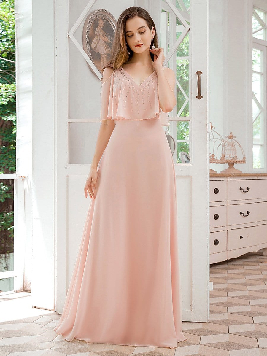 Color=Pink | Dainty Short Ruffles Sleeves V-Neck Chiffon Evening Dresses-Pink 1