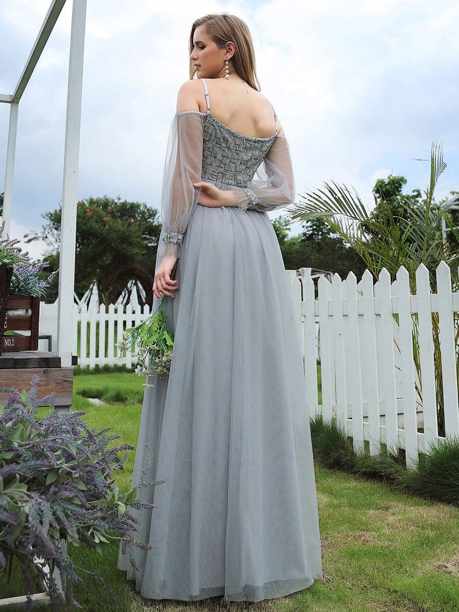 Color=Grey | Flattering Tulle A-Line Evening Dresses With See-Through Cold Shoulders-Grey 2