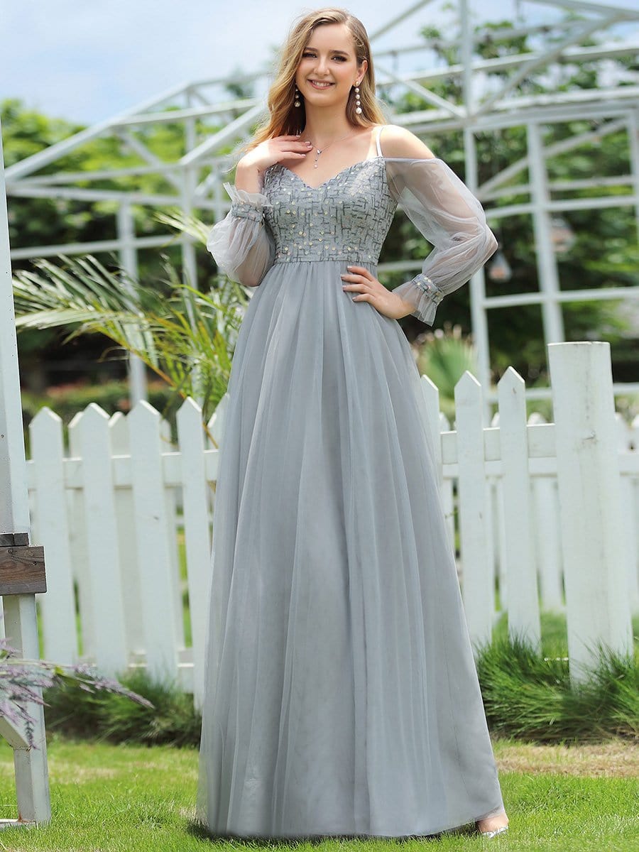 Color=Grey | Flattering Tulle A-Line Evening Dresses With See-Through Cold Shoulders-Grey 4