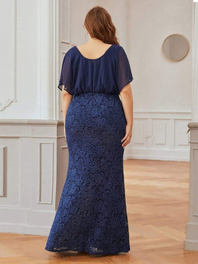 Color=Navy Blue | Classy Plus Size V Neck Chiffon & Lace Evening Dresses-Navy Blue 2