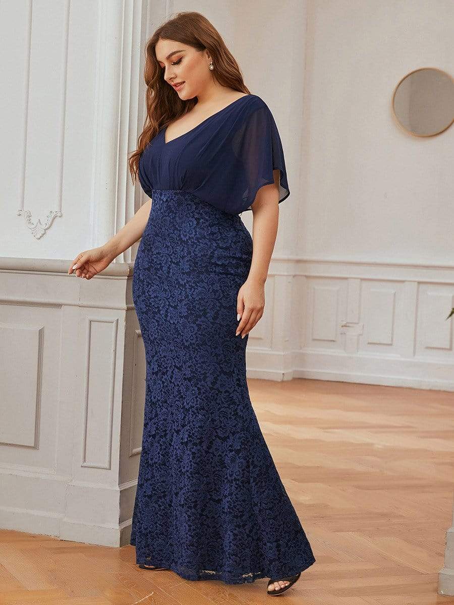 Color=Navy Blue | Classy Plus Size V Neck Chiffon & Lace Evening Dresses-Navy Blue 3