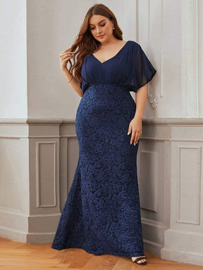 Color=Navy Blue | Classy Plus Size V Neck Chiffon & Lace Evening Dresses-Navy Blue 4
