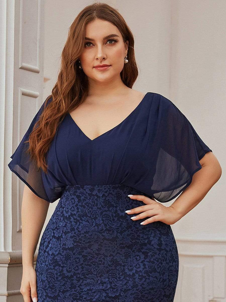 Color=Navy Blue | Classy Plus Size V Neck Chiffon & Lace Evening Dresses-Navy Blue 5