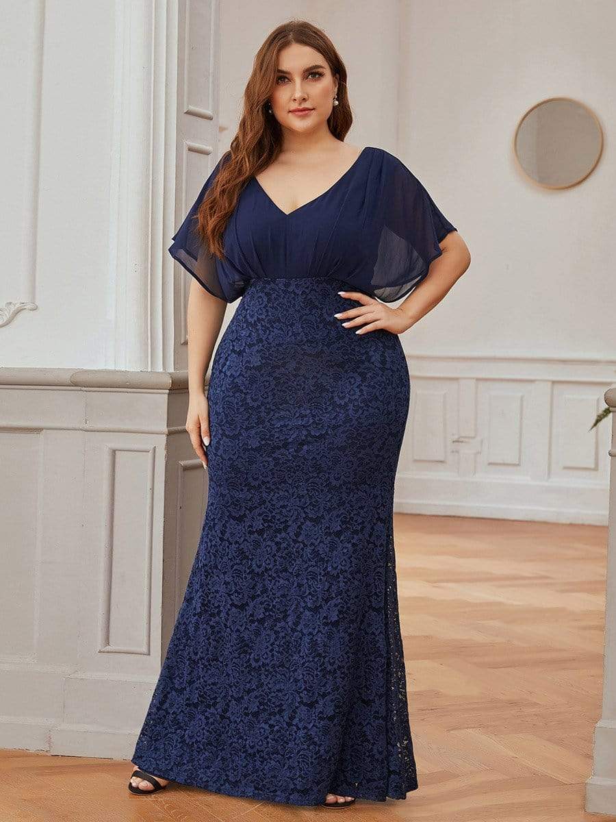 Color=Navy Blue | Classy Plus Size V Neck Chiffon & Lace Evening Dresses-Navy Blue 1