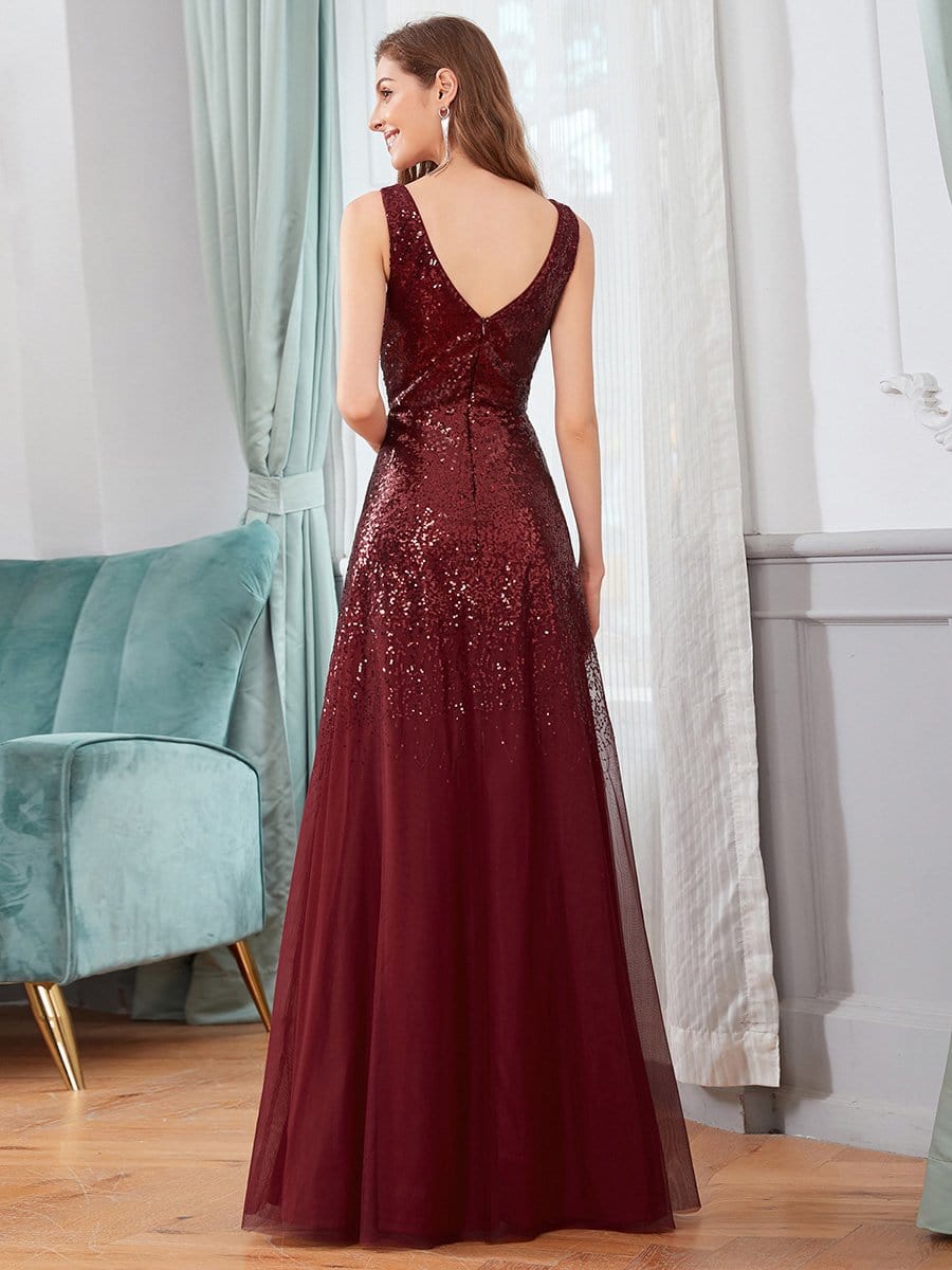 Color=Burgundy | Sexy A-Line Double V-Neck Tulle & Sequin Evening Dresses-Burgundy 2