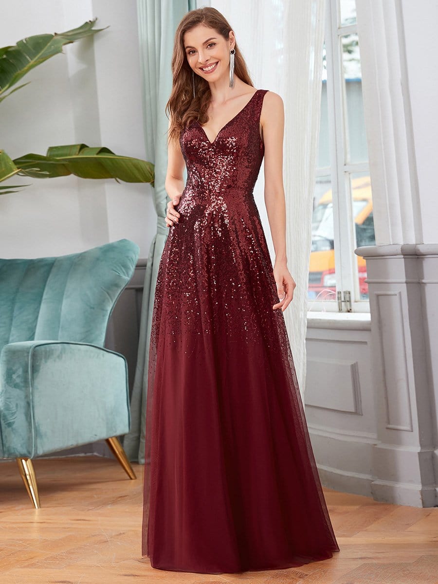 Color=Burgundy | Sexy A-Line Double V-Neck Tulle & Sequin Evening Dresses-Burgundy 3