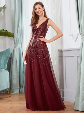 Color=Burgundy | Sexy A-Line Double V-Neck Tulle & Sequin Evening Dresses-Burgundy 4
