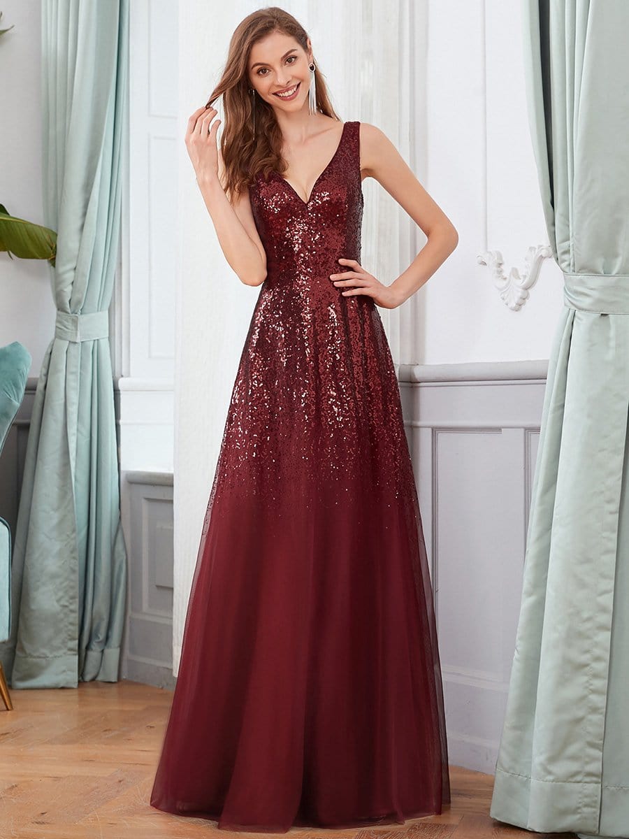 Color=Burgundy | Sexy A-Line Double V-Neck Tulle & Sequin Evening Dresses-Burgundy 1