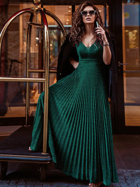 Color=Dark Green | Charming Deep V-Neck Floor Length Evening Dress With Pleated Decoration-Dark Green 1