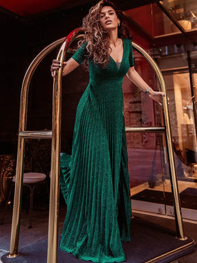 Color=Dark Green | Charming Deep V-Neck Floor Length Evening Dress With Pleated Decoration-Dark Green 2