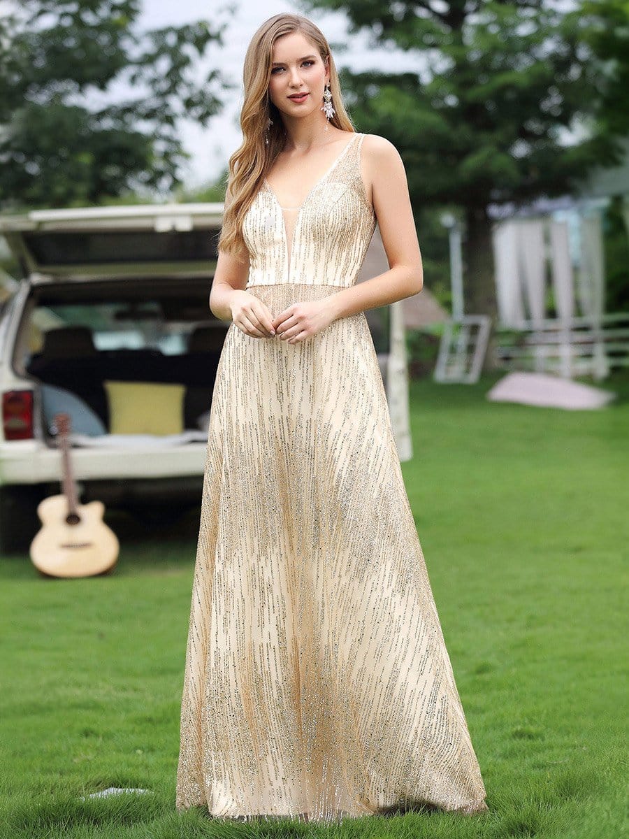 Color=Gold | Bright Sequin Deep V-Neck Sleeveless Evening Dresses-Gold 1