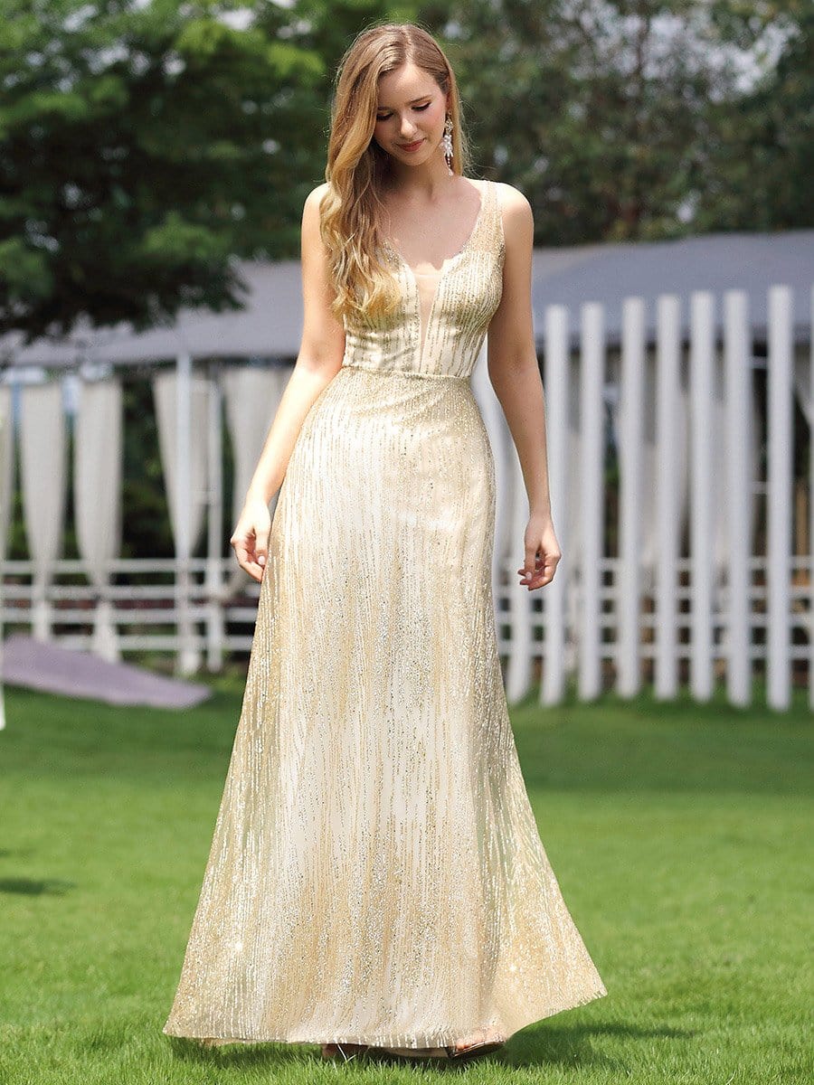 Color=Gold | Bright Sequin Deep V-Neck Sleeveless Evening Dresses-Gold 3