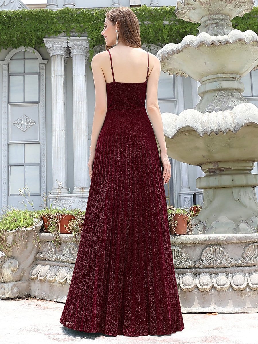 Color=Burgundy | Gorgeous Glittering V-Neck Sleeveless Evening Dresses With Pleated Decoration-Burgundy 2