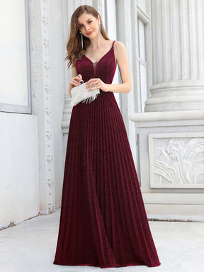 Color=Burgundy | Gorgeous Glittering V-Neck Sleeveless Evening Dresses With Pleated Decoration-Burgundy 4