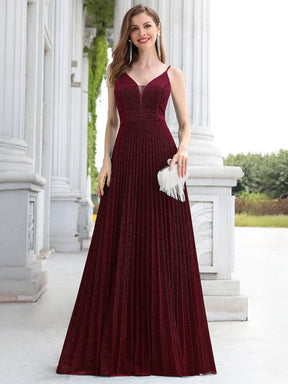 Color=Burgundy | Gorgeous Glittering V-Neck Sleeveless Evening Dresses With Pleated Decoration-Burgundy 5