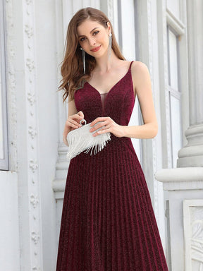 Color=Burgundy | Gorgeous Glittering V-Neck Sleeveless Evening Dresses With Pleated Decoration-Burgundy 3